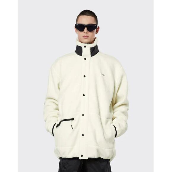 New Rains Coats Mens XL White Heavy Long Fleece Jacket Fossil Button Pockets - Picture 1 of 14